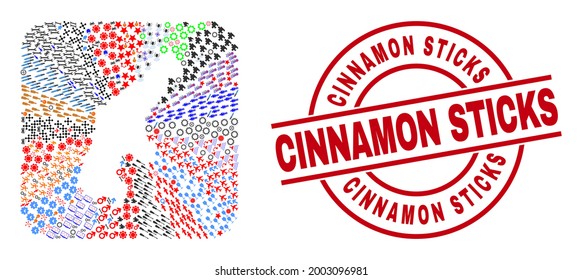 Vector mosaic Saipan Island map of different icons and Cinnamon Sticks stamp. Mosaic Saipan Island map designed as carved shape from rounded square shape. Red round watermark with Cinnamon Sticks tag.