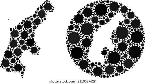 Mosaico vectorial Isla Saipan mapa de iconos cómodos. Mapa geográfico mosaico de la isla Saipan diseñado como forma tallada a partir de forma redonda con íconos de virus cóvidos en tonos negros.