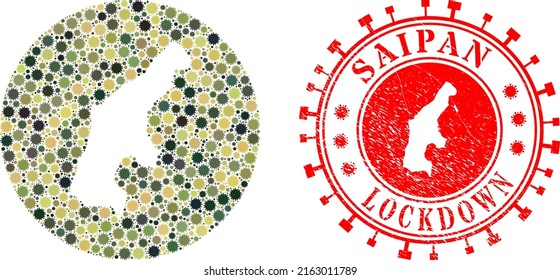 Mosaico vectorial Isla Saipan mapa de iconos covid-2019 y sello LOCKDOWN de grunge.