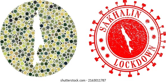 Vector mosaic Sakhalin Island map of virus outbreak icons and grunge LOCKDOWN seal.