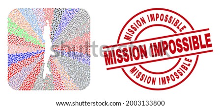 Vector mosaic Sakhalin Island map of different symbols and Mission Impossible seal. Mosaic Sakhalin Island map designed as carved shape from rounded square shape.