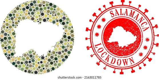 Vector mosaic Salamanca Province map of flu virus icons and grunge LOCKDOWN seal stamp.