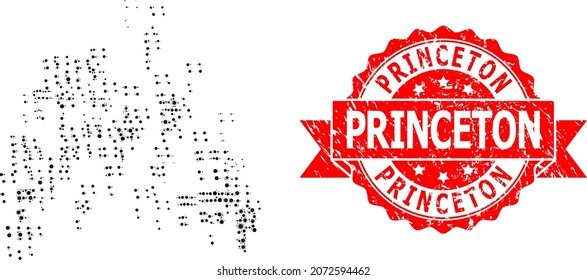 Vector mosaic sand swarm of flu virus, and Princeton scratched ribbon stamp seal. Virus particles inside sand swarm mosaic. Red stamp seal contains Princeton text inside ribbon.