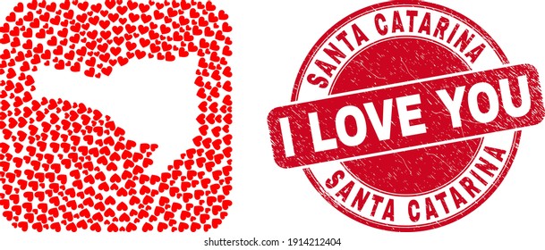 Vector mosaic Santa Catarina State map of valentine heart items and grunge love seal.