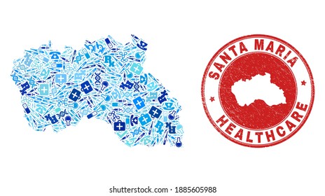 Vector mosaic Santa Maria Island map with vaccine icons, test symbols, and grunge doctor watermark. Red round watermark with corroded rubber texture and Santa Maria Island map tag and map.