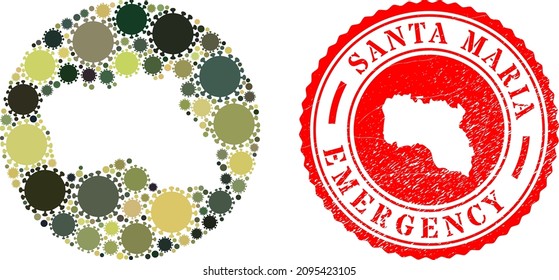 Vector mosaic Santa Maria Island map of coronavirus items and grunge EMERGENCY stamp.
