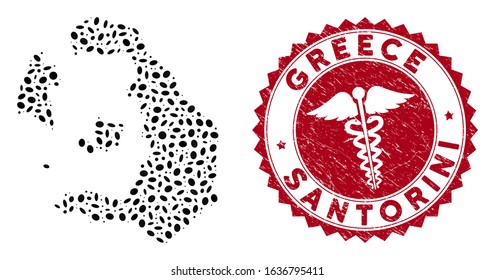Vector mosaic Santorini Island map and red rounded rubber stamp watermark with medic icon. Santorini Island map collage composed with elliptic spots. Red rounded medic seal stamp,