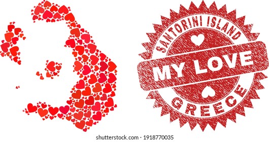 Vector mosaic Santorini Island map of lovely heart items and grunge My Love badge. Mosaic geographic Santorini Island map designed with lovely hearts.