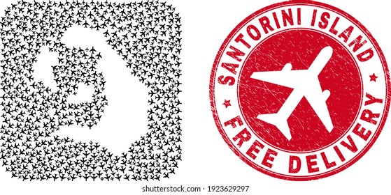 Vector mosaic Santorini Island map of jet vehicle elements and grunge Free Delivery seal stamp.