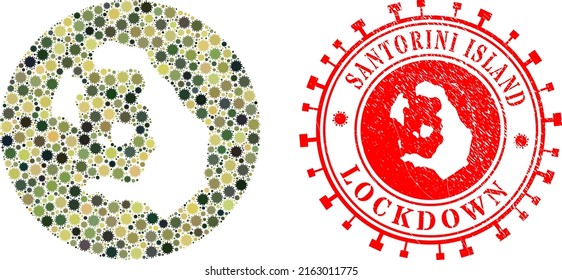 Mosaico vectorial de la isla Santorini mapa de elementos del virus y estampado de foca LOCKDOWN.