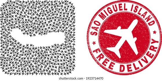 Vector mosaic Sao Miguel Island map of aeroplane elements and grunge Free Delivery seal stamp.