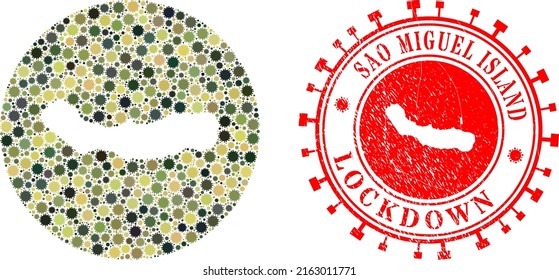 Vector mosaic Sao Miguel Island map of virus outbreak items and grunge LOCKDOWN stamp.