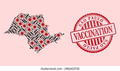 Vector mosaic Sao Paulo State map of SARS virus, vaccine icons, and red grunge vaccine seal. Virus cells and vaccine items inside Sao Paulo State map.