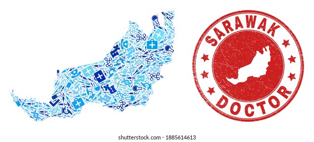 Vector mosaic Sarawak State map with medical icons, chemical symbols, and grunge doctor imprint. Red round imprint with grunge rubber texture and Sarawak State map tag and map.