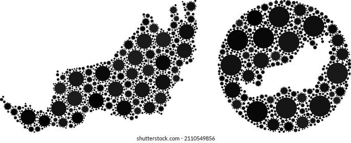 Vector mosaic Sarawak State map of virus outbreak items. Mosaic geographic Sarawak State map created as carved shape from round shape with virus outbreak icons in black color hues.