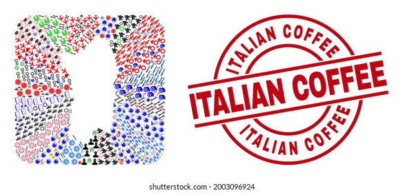 Vector mosaic Sardinia map of different icons and Italian Coffee badge. Collage Sardinia map designed as carved shape from rounded square shape. Red round badge with Italian Coffee text.