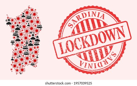 Mosaico vectorial Mapa de Cerdeña del virus de la gripe, hombres enmascarados y estampilla de bloqueo de grunge rojo. Elementos de virus y personas con máscaras dentro del mapa de Cerdeña. Sello rojo con textura de caucho grunge y etiqueta LOCKDOWN.