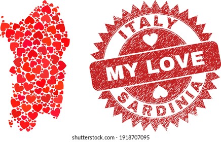 Mosaico vectorial Sardinia mapa de elementos valentinos del corazón y estampado de sello de My Love. Mapa geográfico mosaico de Cerdeña creado con corazones de amor.