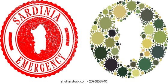 Vector mosaic Sardinia map of virus outbreak items and grunge EMERGENCY seal stamp.