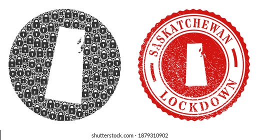Vector mosaic Saskatchewan Province map of locks and grunge LOCKDOWN seal stamp. Mosaic geographic Saskatchewan Province map created as subtraction from round shape with black locks.