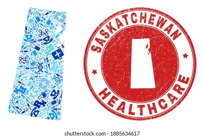 Vector mosaic Saskatchewan Province map with medical icons, first aid symbols, and grunge health care seal stamp.
