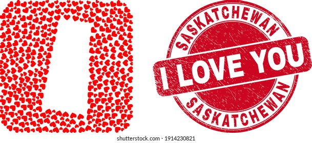 Vector mosaic Saskatchewan Province map of love heart items and grunge love seal stamp.