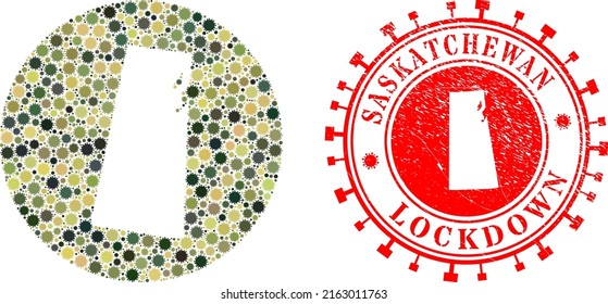 Mosaico vectorial de la provincia de Saskatchewan mapa de iconos de brotes de virus y sello de sello LOCKDOWN de grunge.