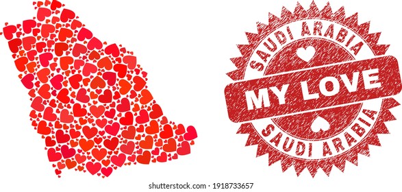 Vector mosaic Saudi Arabia map of love heart items and grunge My Love seal. Mosaic geographic Saudi Arabia map constructed with love hearts.
