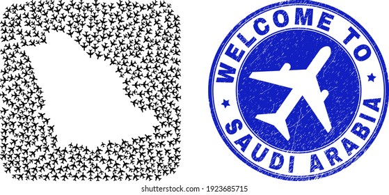 Vector mosaic Saudi Arabia map of airways items and grunge Welcome stamp. Mosaic geographic Saudi Arabia map designed as stencil from rounded square with air planes.
