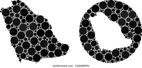 Vector mosaic Saudi Arabia map of spheric items. Mosaic geographic Saudi Arabia map designed as carved shape from round shape with round items in black color hues.