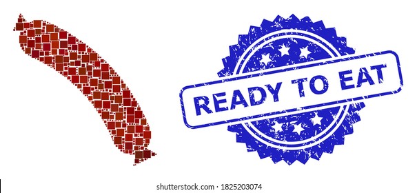 Vector mosaic sausage, and Ready to Eat scratched rosette stamp seal. Blue stamp seal has Ready to Eat caption inside rosette. Square spots are arranged into abstract mosaic sausage icon.