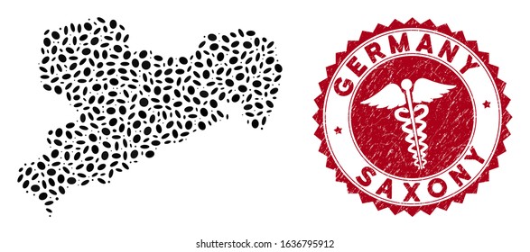 Vector mosaic Saxony Land map and red round distressed stamp seal with medical icon. Saxony Land map collage composed with ellipse spots. Red round medical stamp, with unclean texture.