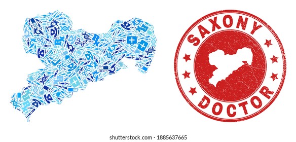 Vector mosaic Saxony Land map with treatment icons, hospital symbols, and grunge doctor seal stamp. Red round watermark with grunge rubber texture and Saxony Land map caption and map.