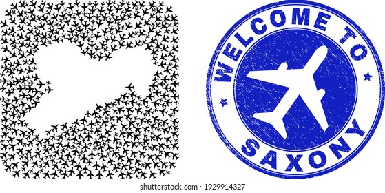 Vector mosaic Saxony Land map of sky jet elements and grunge Welcome seal stamp. Mosaic geographic Saxony Land map designed as carved shape from rounded square with air trips.