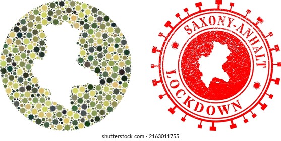 Vector mosaic Saxony-Anhalt Land map of virus outbreak elements and grunge LOCKDOWN seal stamp.