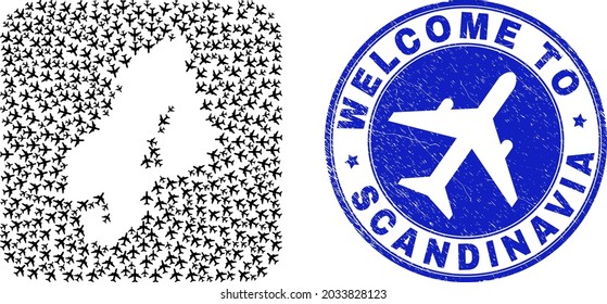 Vector mosaic Scandinavia map of airplane elements and grunge Welcome seal stamp. Collage geographic Scandinavia map designed as carved shape from rounded square shape with air transport.