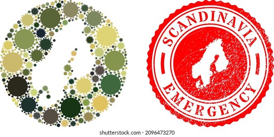 Vektormosaik Skandinavien Karte von Coronavirus-Elementen und Grunge-NOTFE-Badge. Mosaikskandinavische Landkarte, die als Loch aus runder Form mit Coronavirus-Elementen in Camo-Armeefarben entworfen wurde.