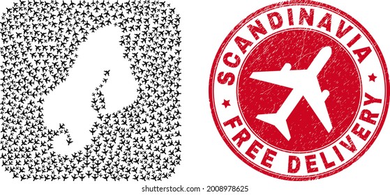 Vector mosaic Scandinavia map of jet vehicle elements and grunge Free Delivery badge. Mosaic geographic Scandinavia map created as subtraction from rounded square with moving out jet vehicles.