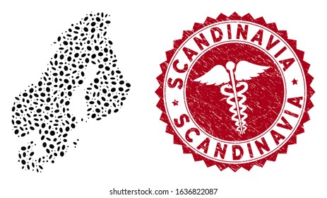 Vector mosaic Scandinavia map and red round rubber stamp watermark with healthcare icon. Scandinavia map collage constructed with oval spots. Red round health care stamp, with dirty texture.
