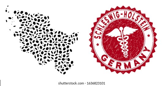 Vector mosaic Schleswig-Holstein Land map and red round distressed stamp seal with medic icon. Schleswig-Holstein Land map collage designed with elliptic spots. Red rounded medic stamp,