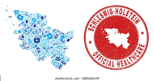 Vector mosaic Schleswig-Holstein Land map of dose icons, medicine symbols, and grunge healthcare watermark. Red round watermark with grunge rubber texture and Schleswig-Holstein Land map tag and map.