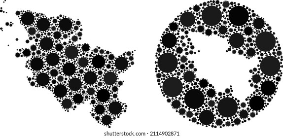 Vector mosaic Schleswig-Holstein Land map of coronavirus elements. Mosaic geographic Schleswig-Holstein Land map created as stencil from round shape with coronavirus elements in black colors.