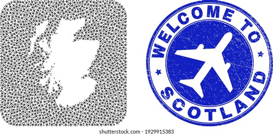 Vector mosaic Scotland map of air fly items and grunge Welcome badge. Mosaic geographic Scotland map constructed as subtraction from rounded square shape with air vehicles.