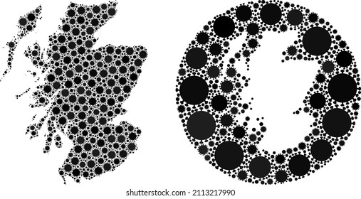 Vector mosaic Scotland map of coronavirus elements. Mosaic geographic Scotland map designed as hole from circle with coronavirus icons in black color hues. Illustration for lockdown warnings.