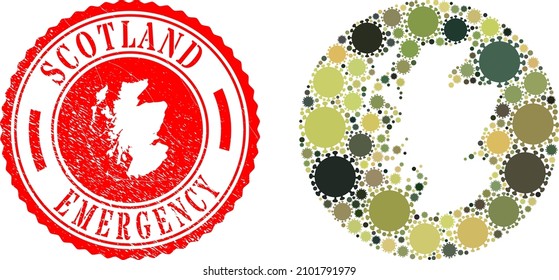 Vektormosaik Schottland Karte der Kokosinfektionsartikel und Grunge-NOTFE-Siegel. Mosaik geographische Schottlandkarte, die als Loch aus runder Form entworfen wurde, mit Produkten aus dem Virus-Ausbruch in khaki-Armeefarben.