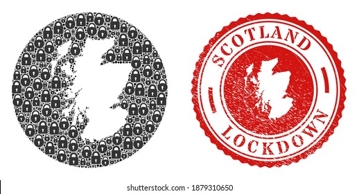 Mapa escocés de mosaico vectorial de cerraduras y estampado LOCKDOWN de grunge. Mapa escocés geográfico mosaico construido como esténcil de círculo con cerraduras negras.