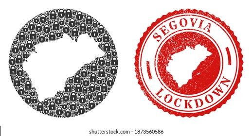 Vector mosaic Segovia Provinz Karte von Schlössern und grunge LOCKDOWN Stempel. Mosaik Geografische Landkarte Segovia Provinz als Loch aus runden Form mit schwarzen Schlössern entworfen.