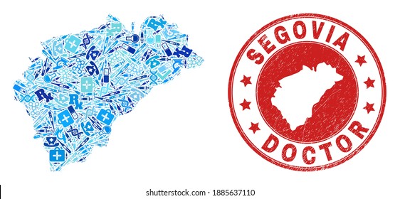Vector mosaic Segovia Province map with vaccine icons, chemical symbols, and grunge doctor seal stamp. Red round stamp with grunge rubber texture and Segovia Province map word and map.