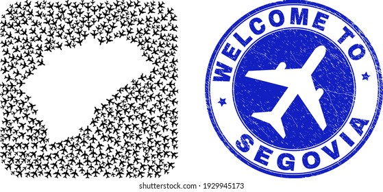 Vector mosaic Segovia Province map of items and grunge Welcome badge. Mosaic geographic Segovia Province map designed as carved shape from rounded square shape with air shippings.