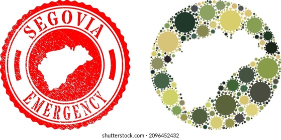 Vector mosaic Segovia Province map of covid items and grunge EMERGENCY seal stamp.
